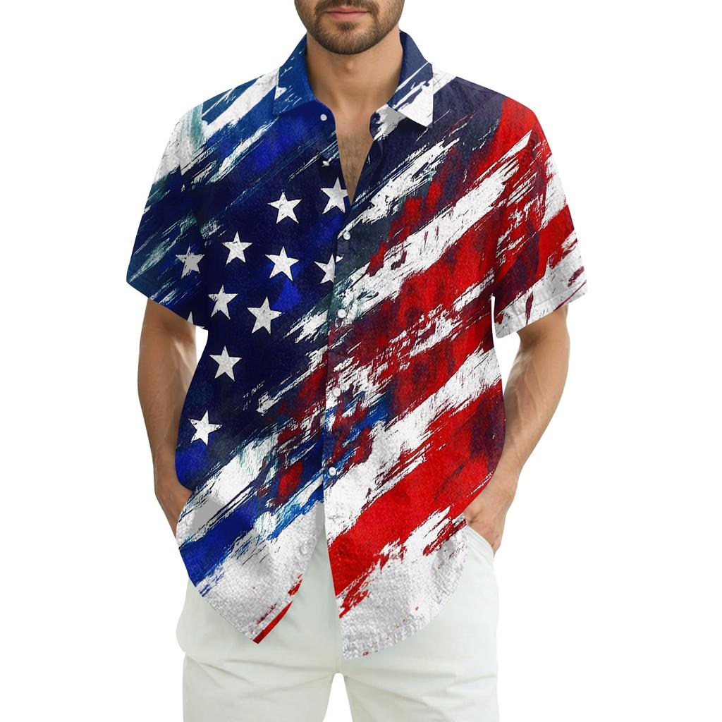 Camisa Casual de Manga Corta con Estampado del Día de la Independencia para Hombre