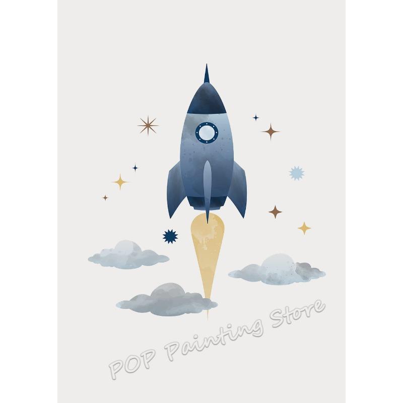 Arte da Parete per Cameretta Galassia Cartone Animato Avventura Spaziale Razzo Astronauta Balena Pianeti Stampa su Tela Spazio Esterno a Tema Decorazione per Stanza dei Bambini
