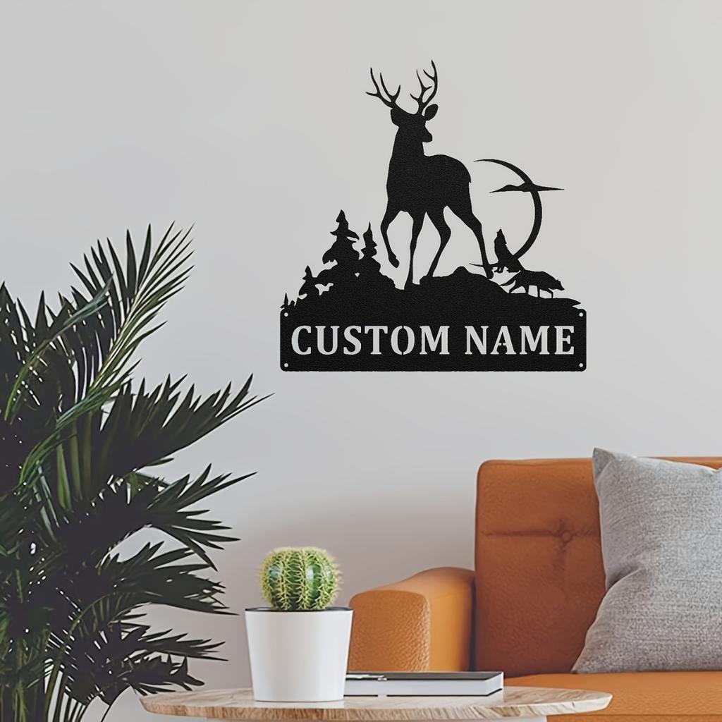 Customizable Deer Silhouette Metal Wall Art, Personalized Family Name Sign for Home Decor Indoor Outdoor