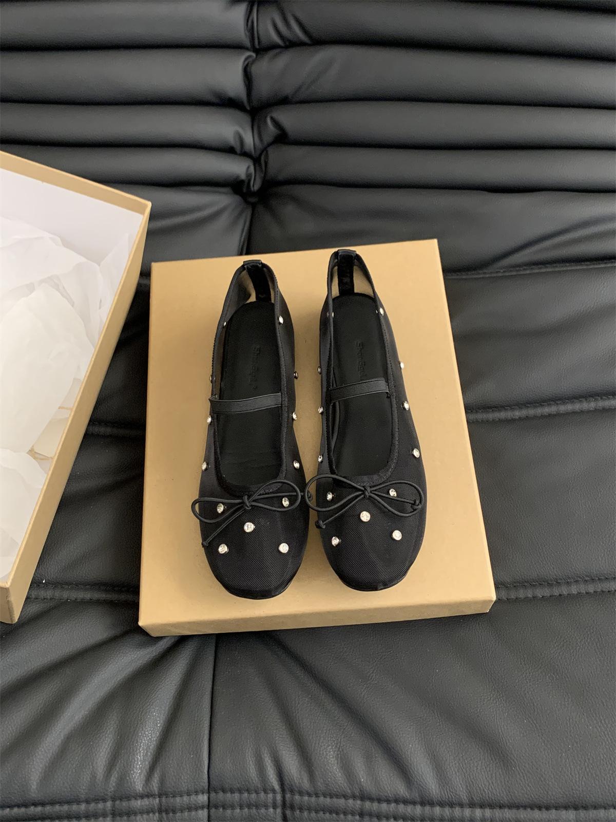 

Французские балетки женские одинарные туфли 2025 лето новые стразы сетчатые дышащие банты туфли Мэри Джейн на плоской подошве 35 чёрный