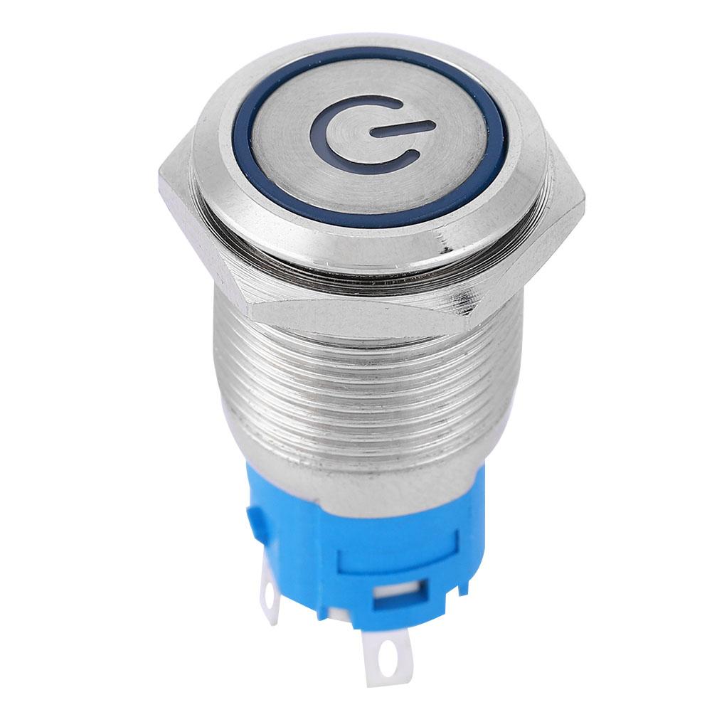 Blue LED Flat Round Head Self Reset Metal Push Button Ring with Power Symbol 16mm(220V)