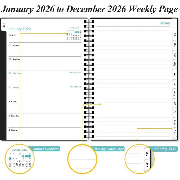 2026 Planner - Weekly & Monthly Planner from January 2026 - December 2026, Planner 2026 with Flexible Cover, Tabs, Inner Pocket, 6.4" x 8.5", Black