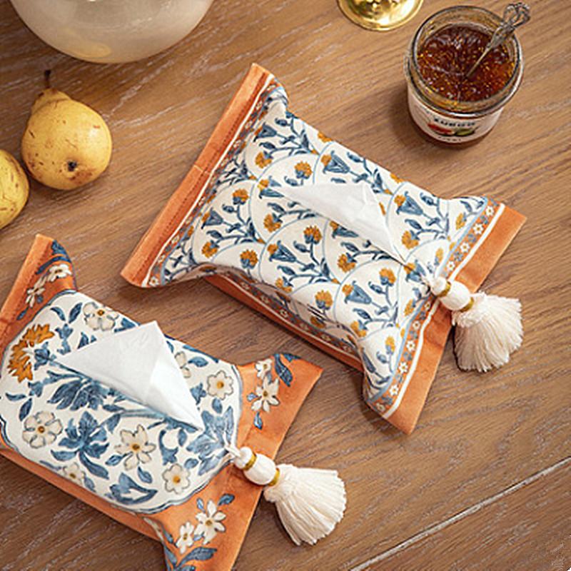 Retro Taschentuchbox Stoffbezug Quaste Orientalischer Östlicher Stil Wohnzimmer Schlafzimmer Auto, Kreativer Druck Halter Geschenkidee 18x24cm