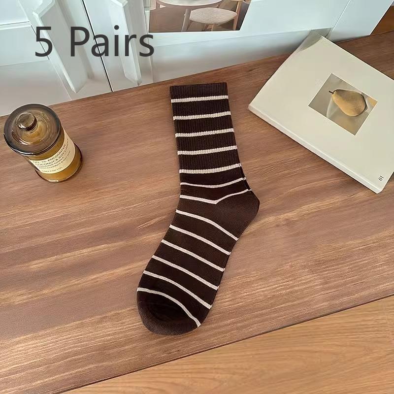 5 Pairs of Female Autumn and Winter Stripes Wear Mid Tube Cotton Socks