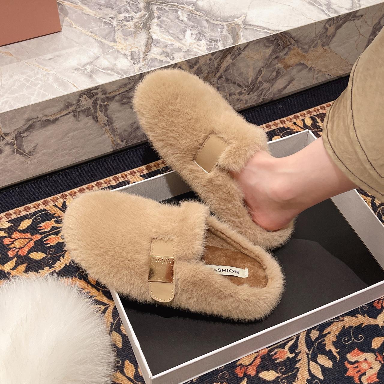 

Mao Mao slippers women wear autumn and winter new belt buckle one pedal fashion go out bag head cotton slippers women 40 хаки