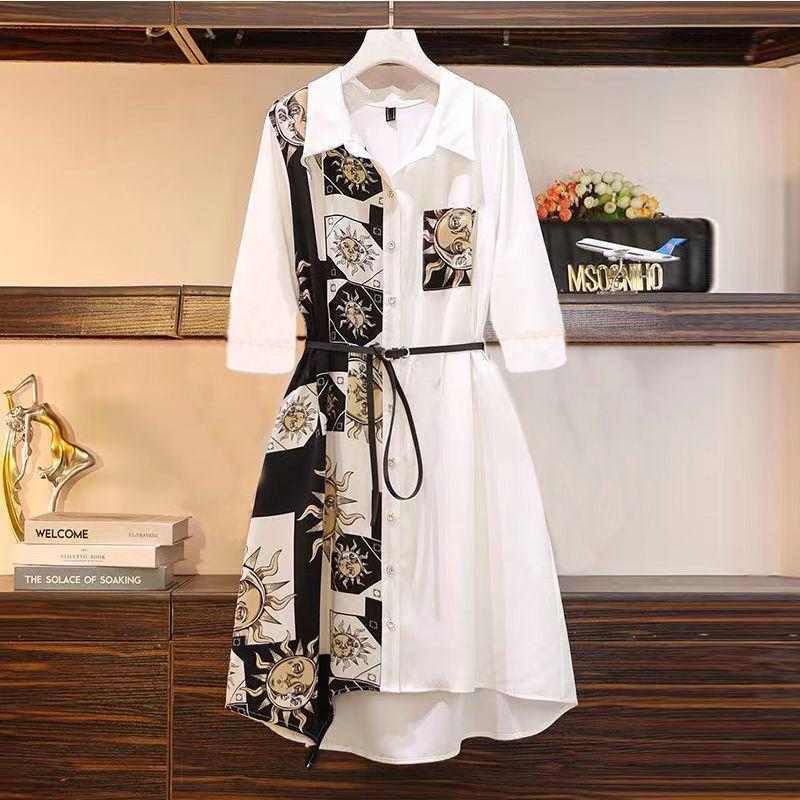 

Spring and Summer Five-point Sleeve Mid-length Temperament Slimming Dress Slim Fashion Color Matching Long Shirt Women XS білий