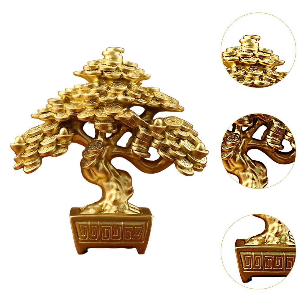 Chinese Money Tree Table Ornament Resin Figurine Lucky Tree Sculpture 6.8x3.5x7.6inch for Bedroom