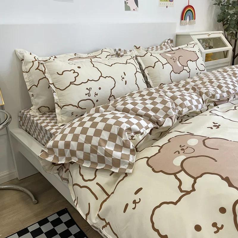 Kawaii Bear Printed Bed Set Floral Duvet Cover Pillowcase Bedding Set Cute Dog Bear Bed Linen Sheet Quilt Full Queen King Size