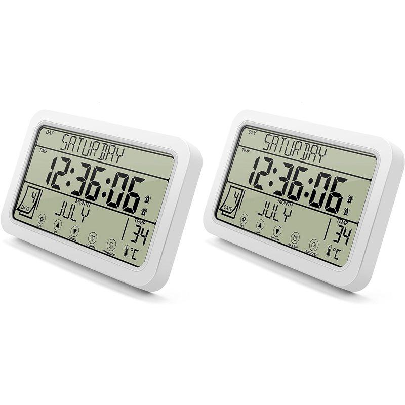 2X Цифровые настенные часы, Цифровые часы на батарейках, 8-дюймовые настольные часы с отображением температуры, влажности, дня недели и даты белый