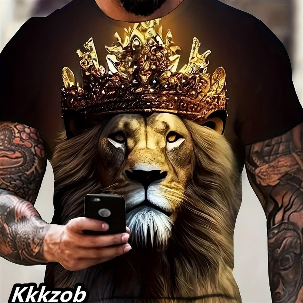 Men's Lion Print Short-sleeve Round Neck T-shirt, Lightweight and Breathable, Trendy and Cool for Casual Outdoor Activities.