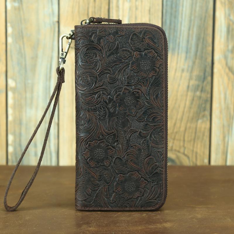 Johnature Crazy Horse Leather Long Wallet Men's Card Bag Retro Embossed Zipper Multi Card Holder Purse