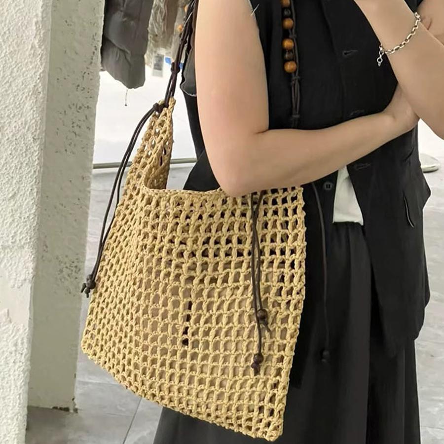 Beaded shoulder strap single-shoulder square straw woven bag hollow out shoulder bags solid color tassels handbags beach clutch