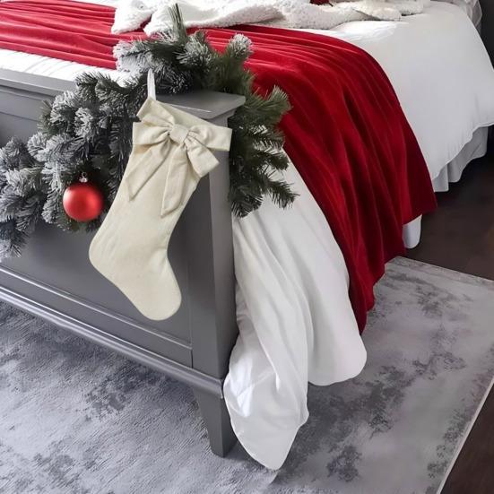 Christmas Stockings with Hanger Bowknot Plush Balls Decor Striped Print Candy Holder Festive Tree Decoration
