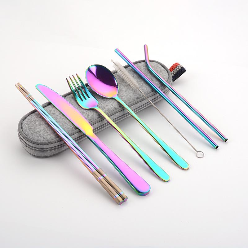 Cross-border Stainless Steel Travel Cutlery Set: Knife, Fork, Spoon, Straw, Chopsticks, and Portable Bag.