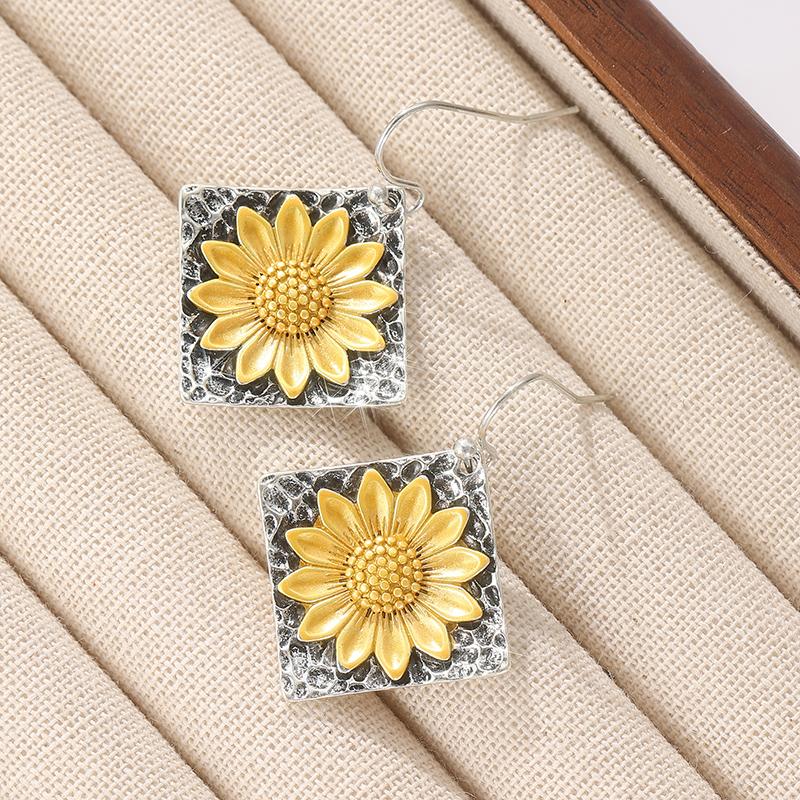 Boucles d'oreilles pendantes couleur cuivre vintage, carrées sculptées, tournesol, pour fête, usage quotidien