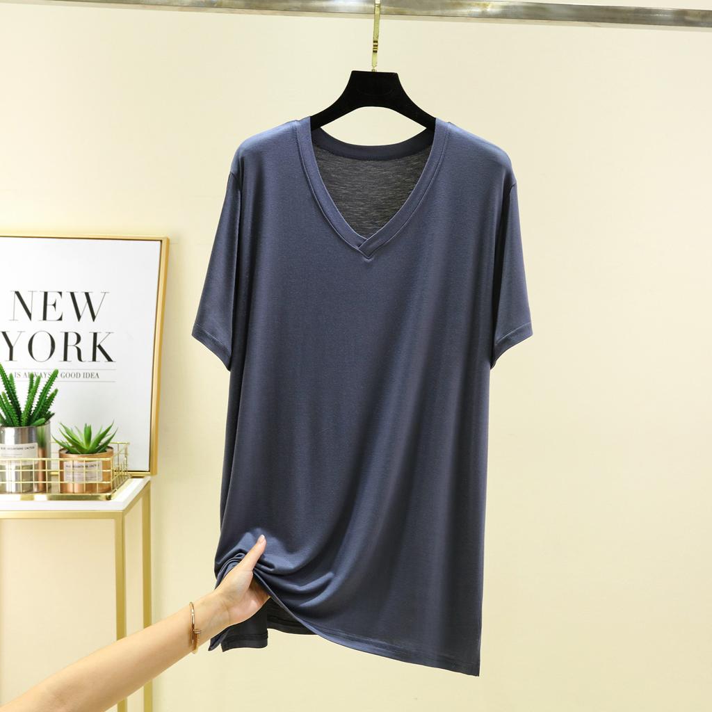 Damen V-Ausschnitt Kurzarm T-Shirt Lockerer Schnitt Lässiges Modal Strickoberteil Einfarbig Sommer Mittellanges Layering-Shirt
