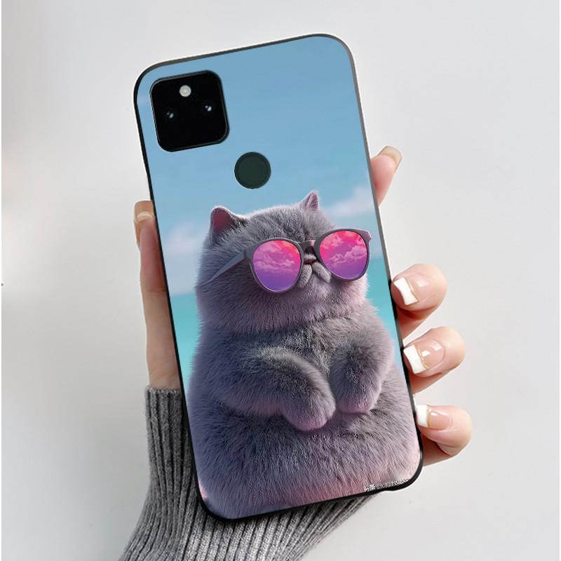 For Google Pixel 5a Soft Silicone Black Case Trendy Style Cartoon Pattern Fluffy Bunny, Milk Tea Rabbit, Rabbit Lamp Casing