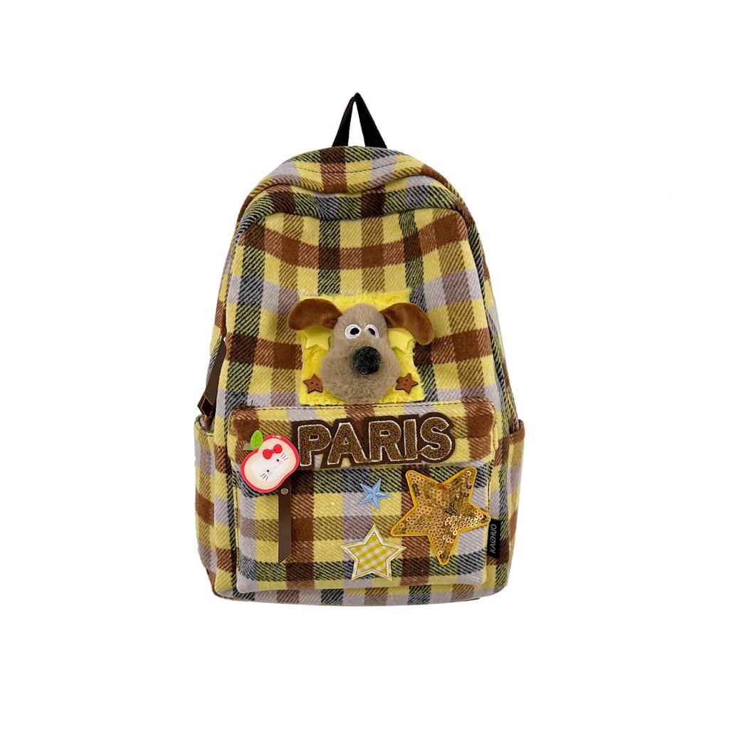 Vintage Checkered Yellow Canvas Backpack For Women And Men Stylish School Bag