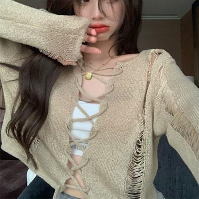 Koreanskt mode Sexiga tröjor Dam Vintage Hollow Stickad Cropped Mesh Toppar Kpop Solid Harajuku Cardigan Spring