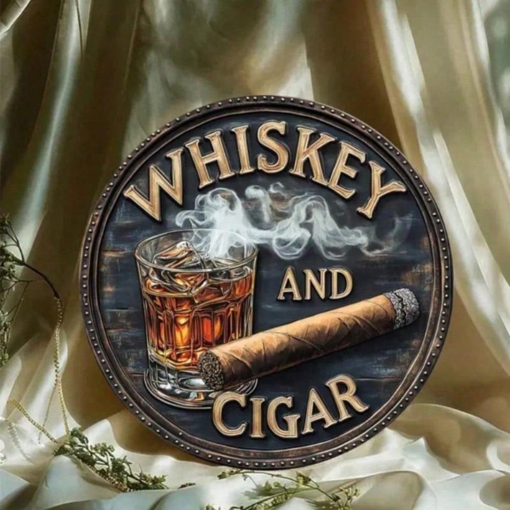 Vintage Whiskey Cigar Metal Poster, Retro 2D Wall Plaque for Home Bar Kitchen