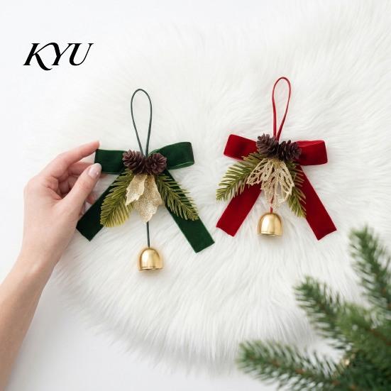 Winter Indoor Door Handle Ornaments Christmas Bow Bell Hanging Ornament, Velvet Festive Wreath Decor for Pendant with Bells Home Party, Holiday Window