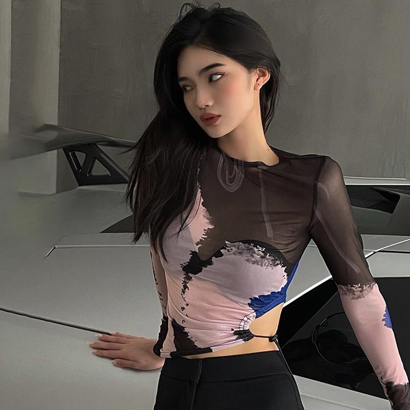 Women See Through Drawstring Mesh Crop Top T-shirt Cut Out Long Sleeve Designer Top