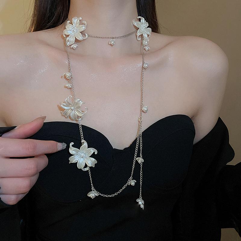 Flower Pearl Tassel Necklace Ladies Sexy Pearl Multi-Layer Body Chain Elegant Waist Chain For Beach Outfit  Accessory