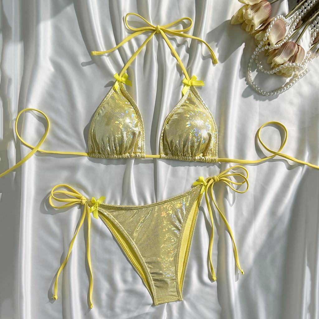 Purple Shiny Bow Swimwear Sexy String Halter Micro Bikini Thong Swimsuit Woman 2026 Bathing Suit Triangle Bikinis Sets