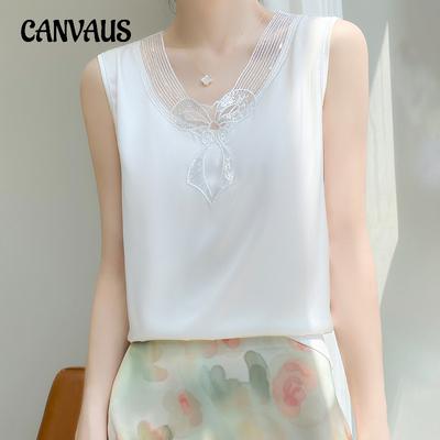 Sommer Damen Seidenweste V-Ausschnitt Mesh Splicing T-Shirt Einfarbige Tops Ärmellose Westen