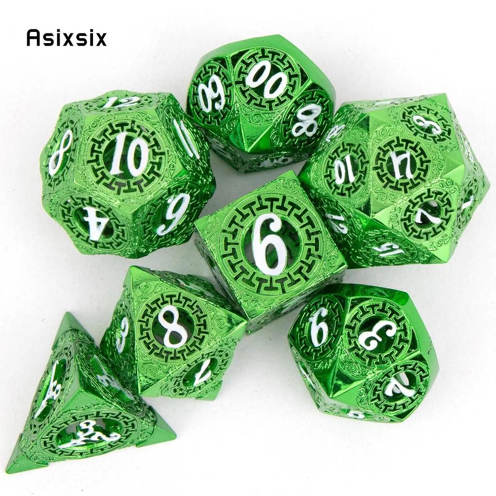 7 Pcs Green White Gear Wheel Metal Dice Hollow Metal Polyhedral Dice Set Suitable for Role-Playing RPG  Board Game Card Game