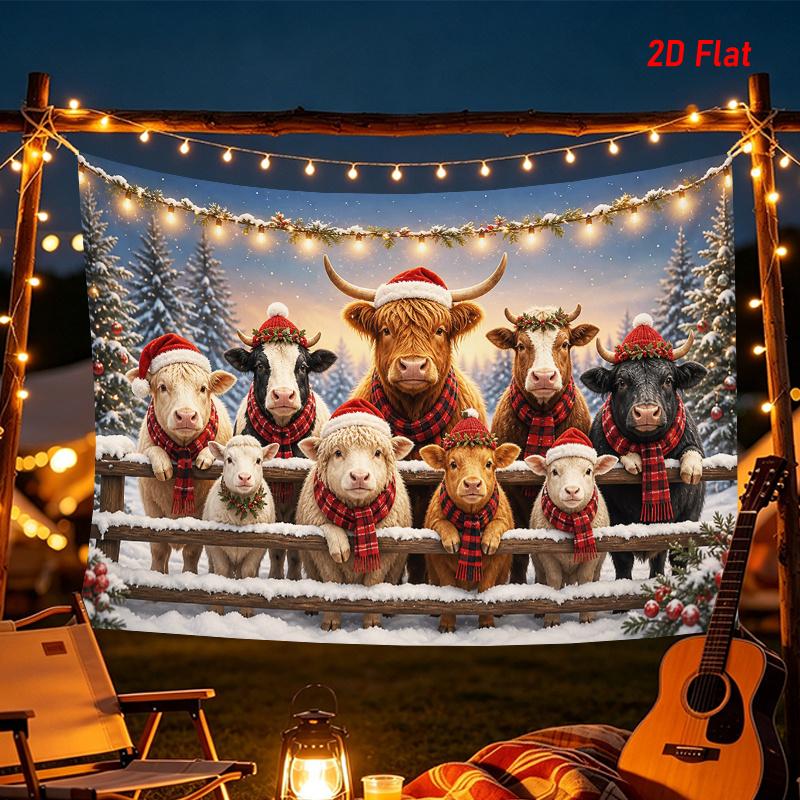 1Pc Christmas Cows Santa Hats Tapestry Wall Hanging, Decorative Fabric Poster for Bedroom, Living Room, Dorm & Home Decor