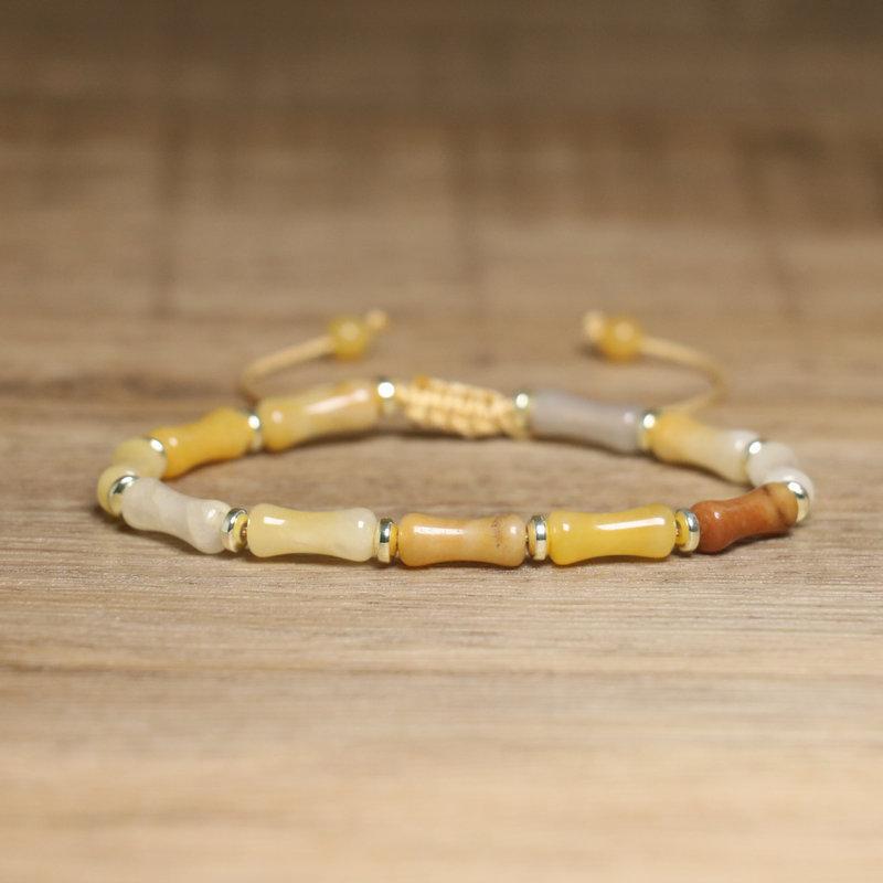 Blue Impression Jasper Tube Bead Bracelet – Gold Accent Adjustable Boho Jewelry, Protection Luck Gift for Women