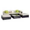 6 Pieces Rattan Garden Furniture Set, 5 Seater Garden Sofa Set with Thickened Cushions, Glass Top Coffee Table and Ottomans