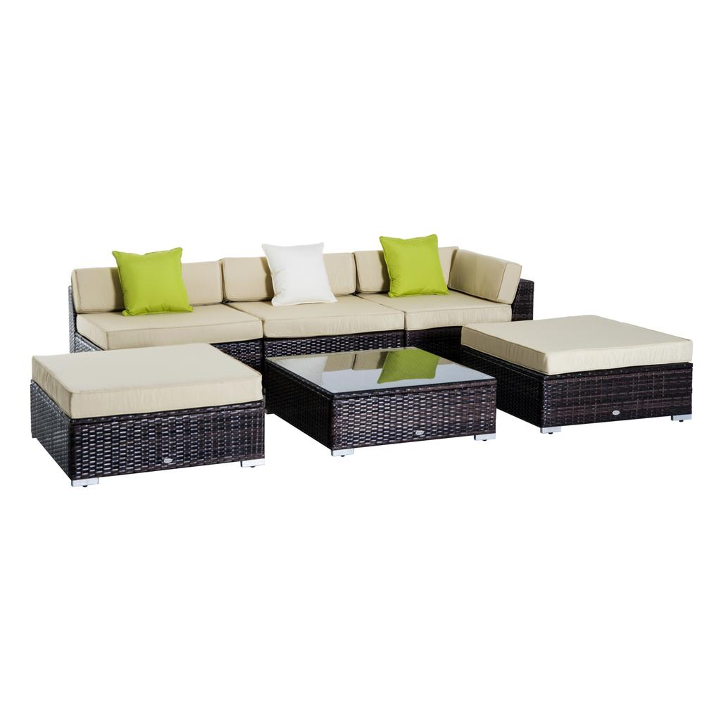 6 Pieces Rattan Garden Furniture Set, 5 Seater Garden Sofa Set with Thickened Cushions, Glass Top Coffee Table and Ottomans