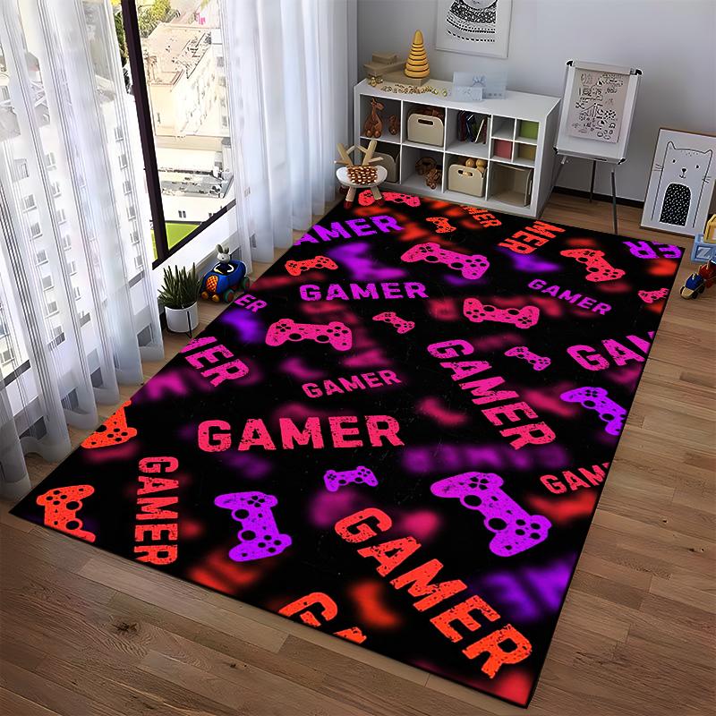 Gamer Carpet with Red and Purple Controller Pattern on Black Background Suitable for use as an anti-slip for living room bedroom sofas