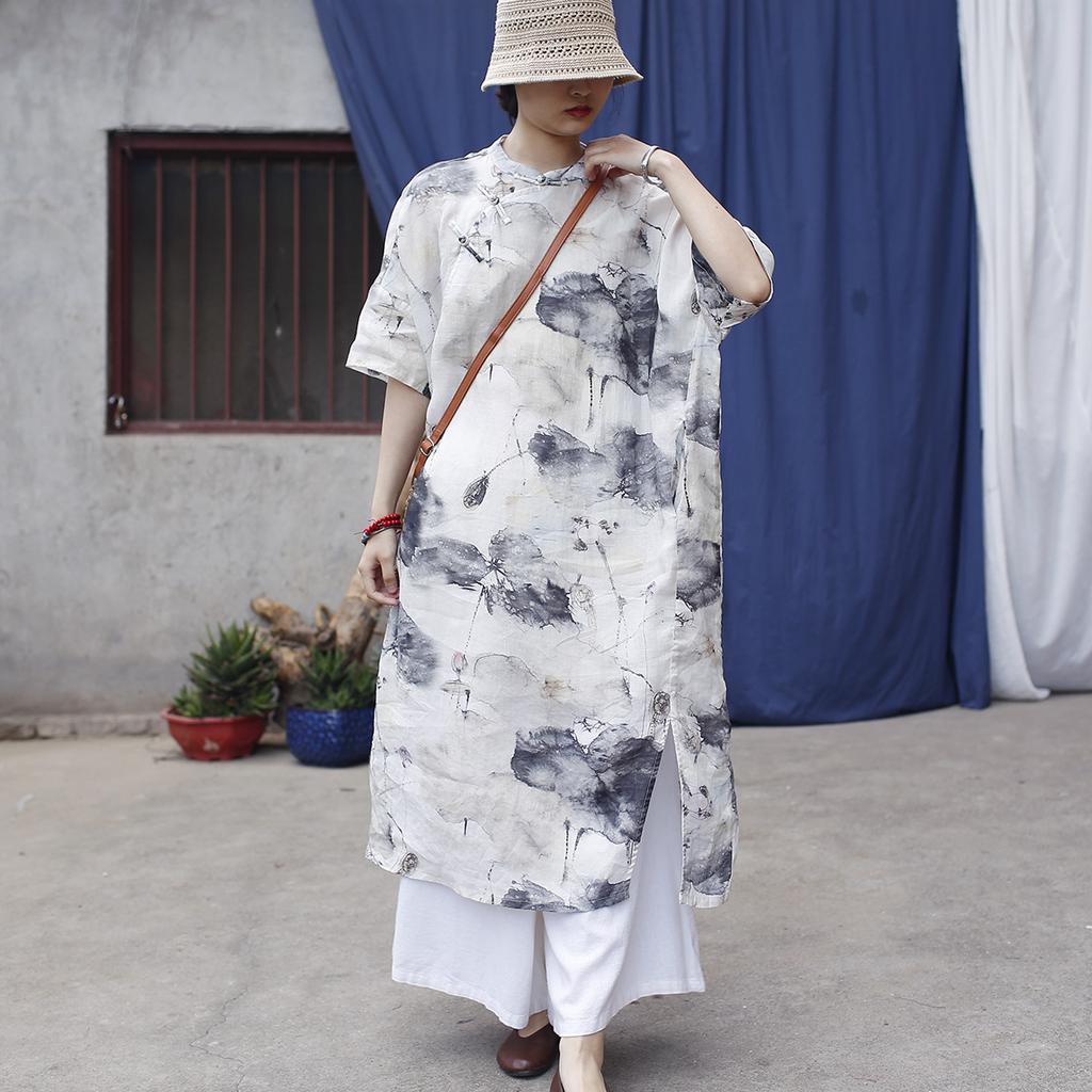 Johnature Vintage Stand Half Sleeve Dress For Women Chinese Style Print Ink Wash Painting Summer Dress