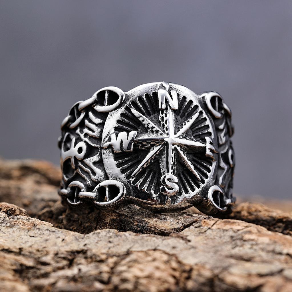 Retro Sailor Navigation Compass Ring For Men Punk Gothic Rock Hiphop Open Ring Handmade Zircon Bikers Accessories Unisex Gift