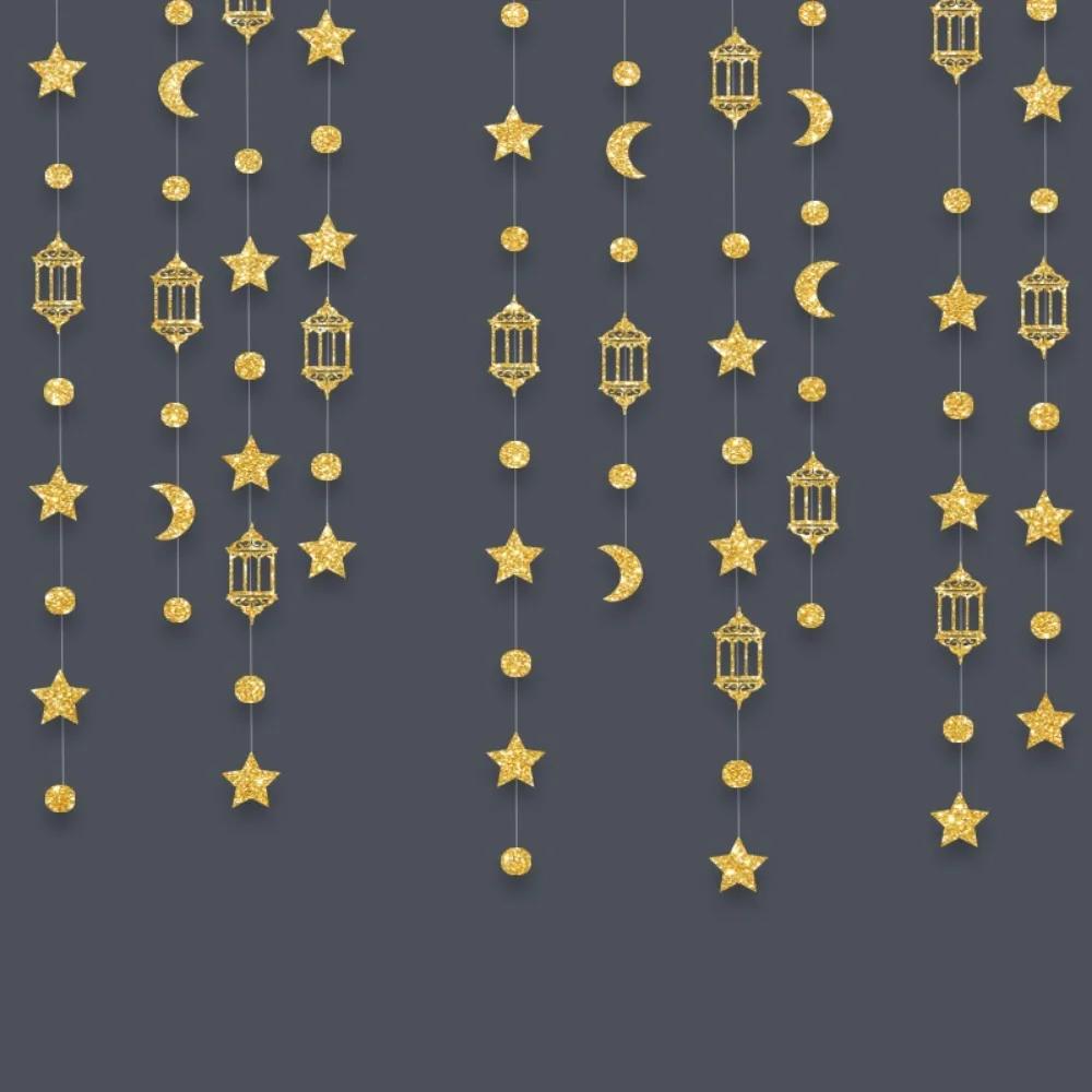 4M Eid Mubarak Banners Ornaments Gold Silver Star Moon Lantern Ramadan Kareem Hang Garland Paper DIY Home Decor Pull Flag