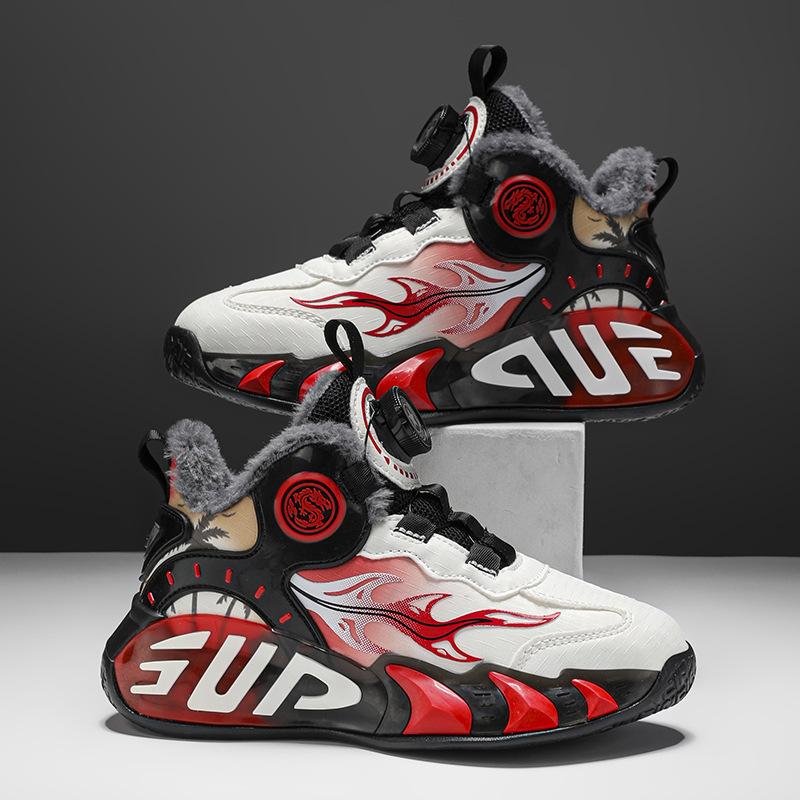 2025 winter new children's cotton shoes, velvet warm and cold-proof boys and girls basketball shoes, rotating buckle student sports shoes