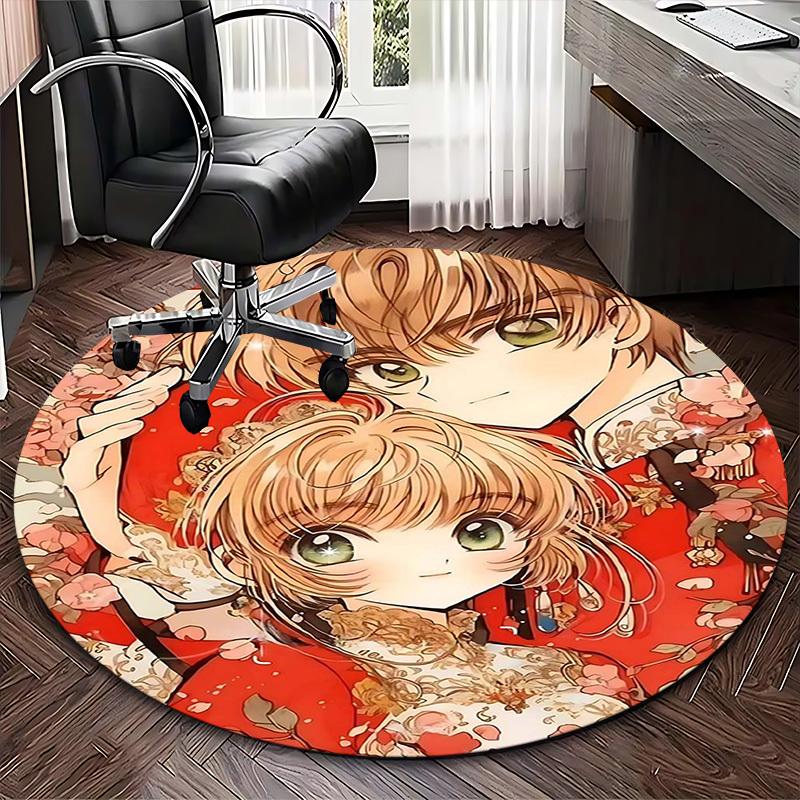 1pc Anime Design Round Carpet Floral Print Chair Mat for Office, Home Decor, Living Room, Bedroom