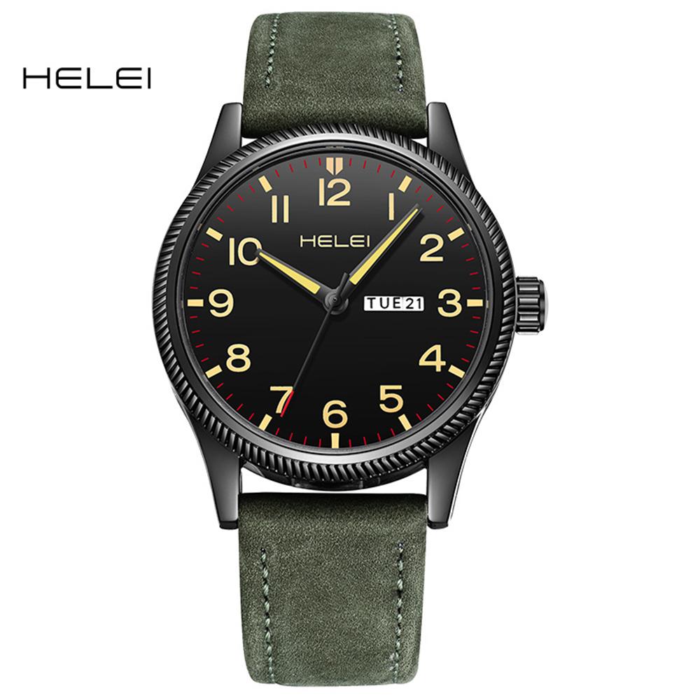HELEI Sport Men Watch Top Brand Luxury Military Waterproof Male Clock Quartz Business Original Leather Wristwatch Gift 9007AL