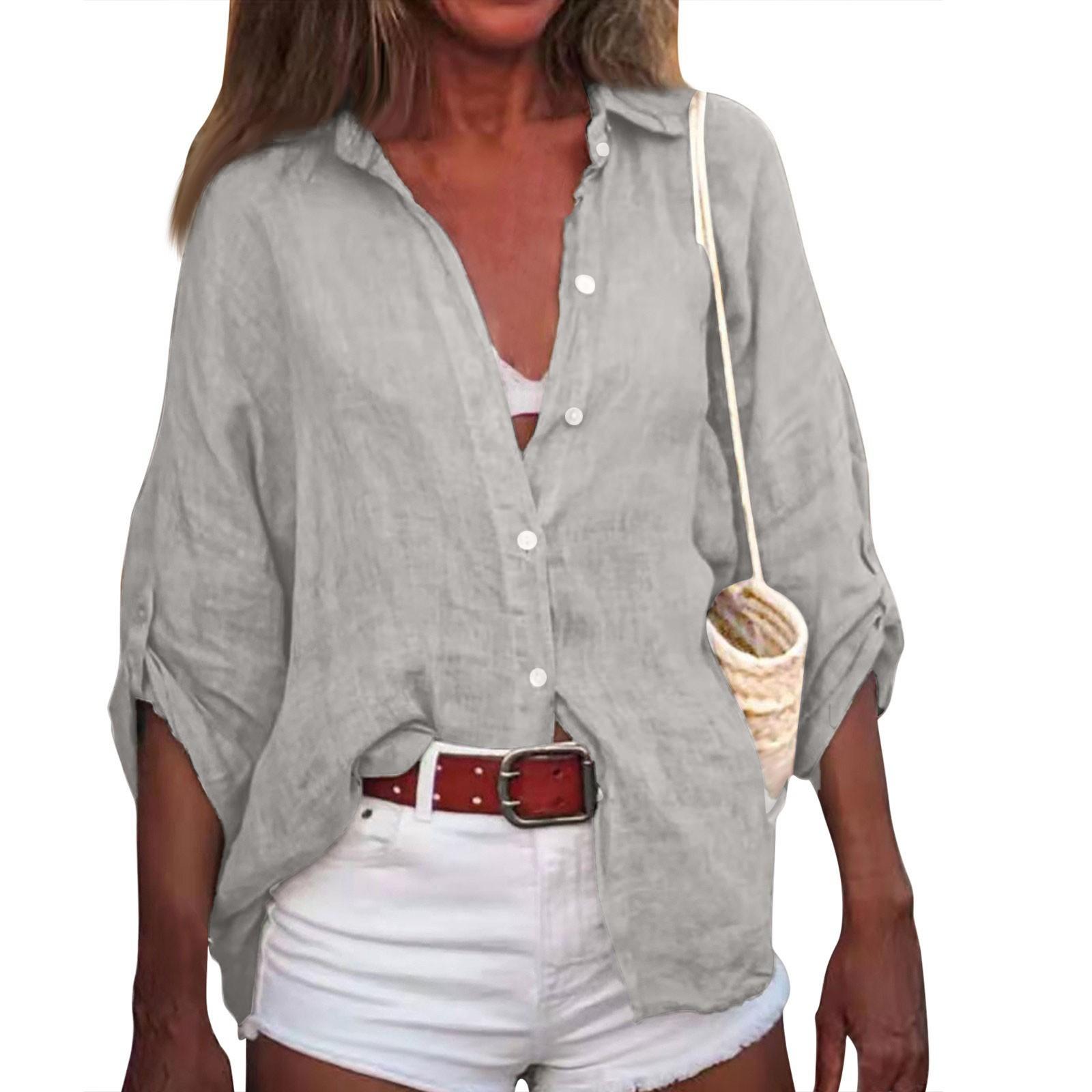

Women s Summer Cotton Linen Color Seven-Point Sleeve Shirt V-Neck Loose Shirt M