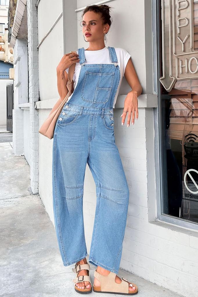 Womens Denim Bib Overalls Barrel Leg Baggy Jean Jumpsuit With Pockets