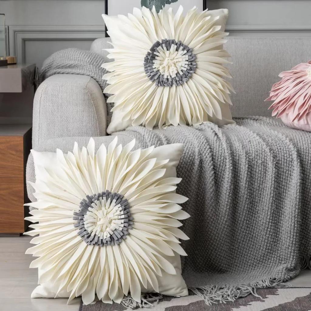 Fashion Modern Style Pink White Throw Pillows 45*45cm Velvet Stitching 3D Chrysanthemum Cushion Waist Pillow Blue Cushion Case