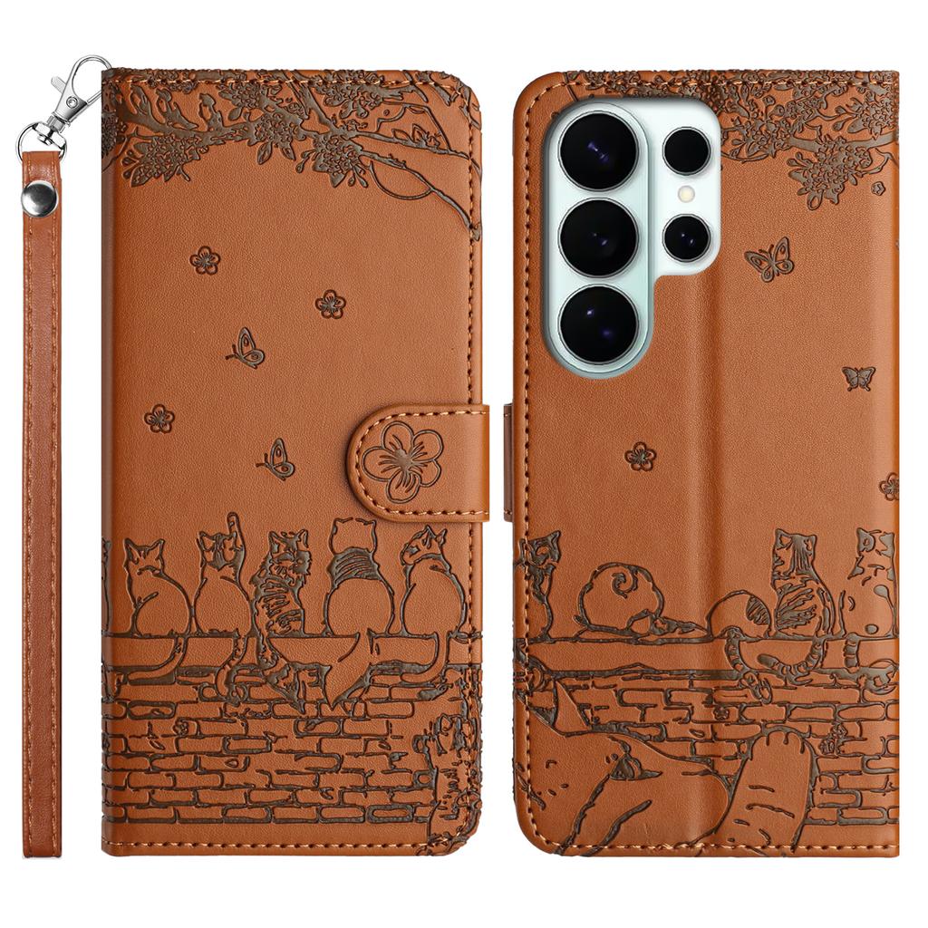 For Samsung Galaxy S26 Ultra Case with Wrist Strap Leather Phone Cover Wall Cats Pattern