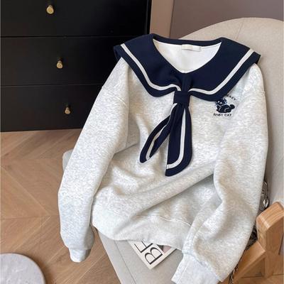Extra-large Size Design-inspired Embroidered Puppy Navy Collar Long-sleeved Pullover Women's Spring-autumn Loose Top