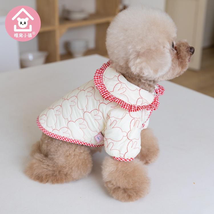Autumn and Winter Embroidered Cotton Parkas Cute Plaid Lapel Coat Cute Warm Coat Cat and Dog Clothing Pet Clothing Teddy Bear