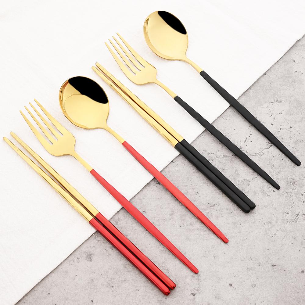 Gold Geschirr Set Reise Camping Besteck Gabel Löffel Stäbchen Set Geschirr Mit Tragbare Box Edelstahl Besteck Set