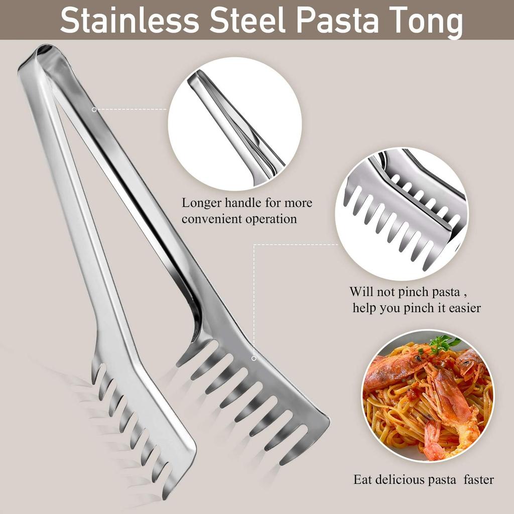 Patelai 2 Pcs Stainless Steel Pasta Spoon with Teeth Large Spaghetti Utensil, 9.4'' Tong and 13.6'' Pasta Fork with Vacuum Handle, Comfortable Grip
