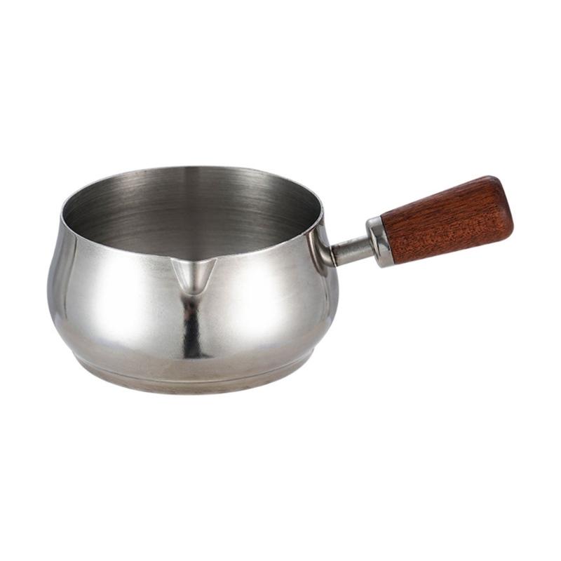 Stainless Steel Pouring Cups With Wooden Handle Stackable Dip Saucers For Heating Butter And Preparing Coffee